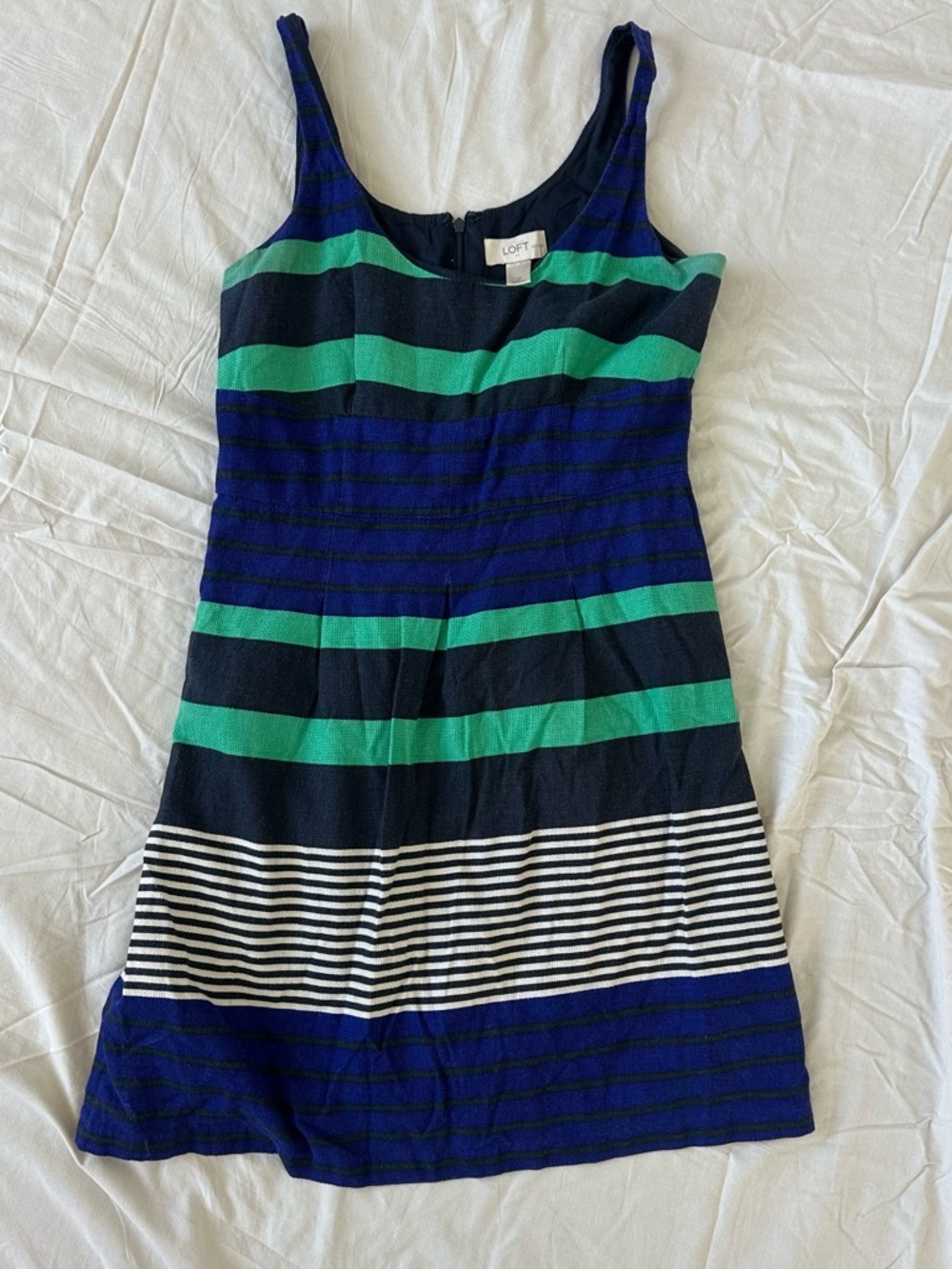 LOFT Navy, Green & White Striped Sleeveless Dress